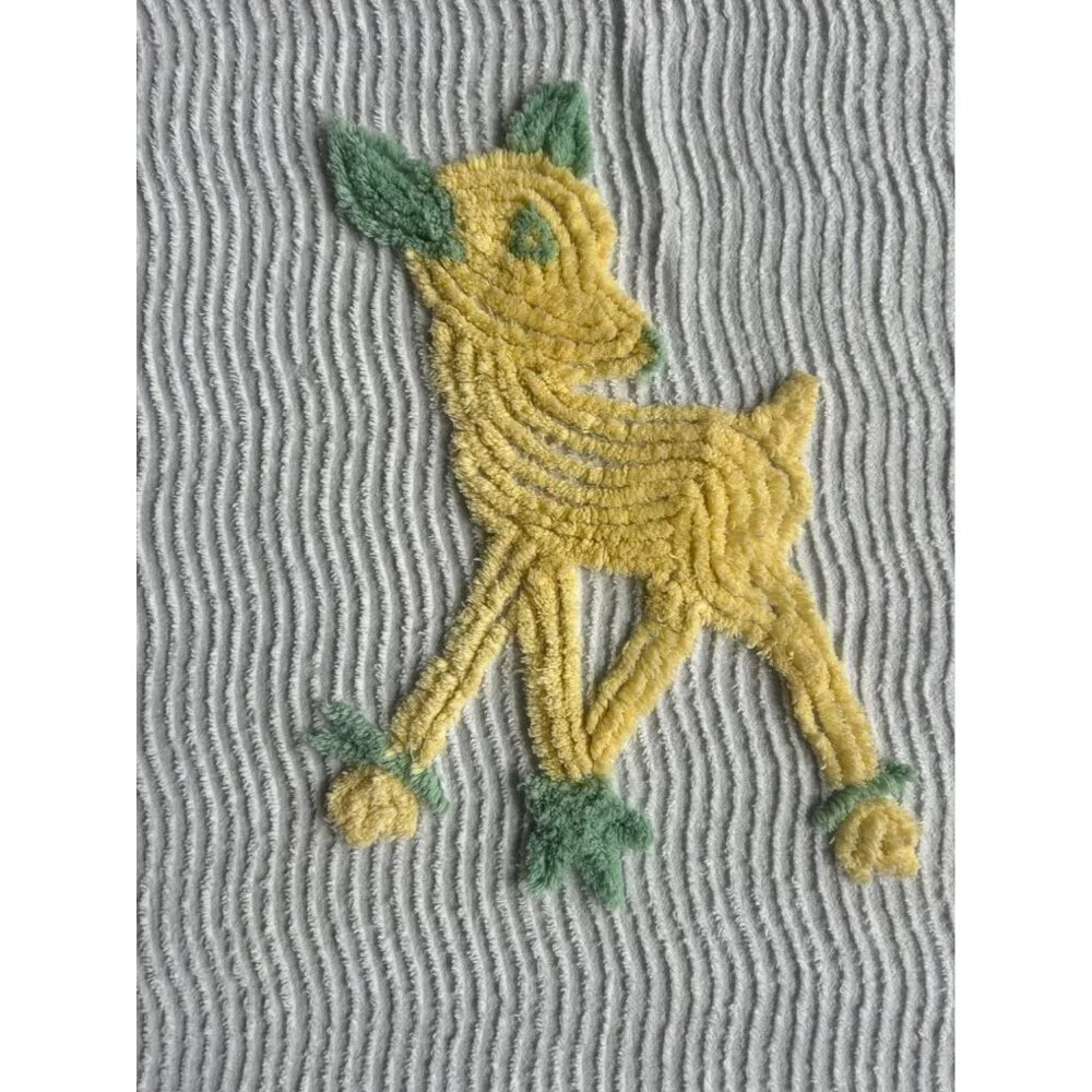Vintage Chenille Baby Crib Blanket White With Yellow Deer Embroidery Thin Fabric - Picture 5 of 7